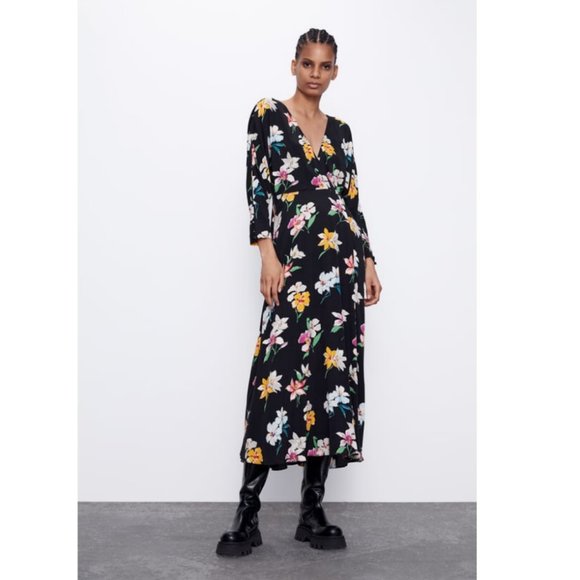 Zara Floral Maxi Dress Plunge Front V-Neck Pleated Pockets Wedding Guest Travel - Picture 5 of 13